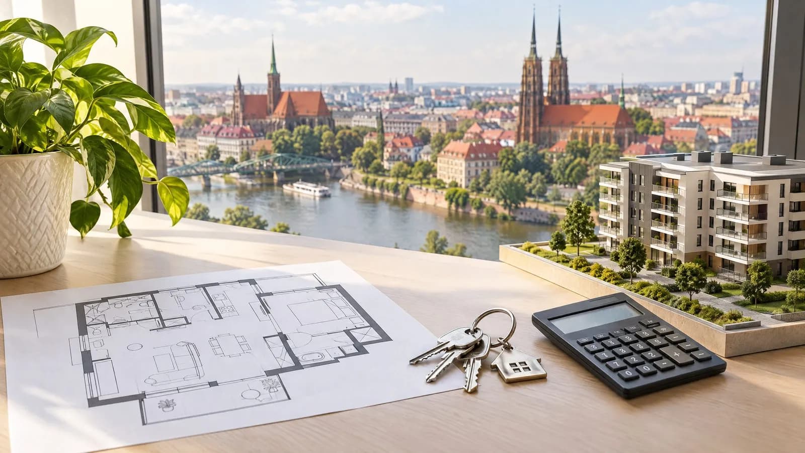 Plan mieszkania, klucze, kalkulator i makieta budynku z widokiem na Wrocław