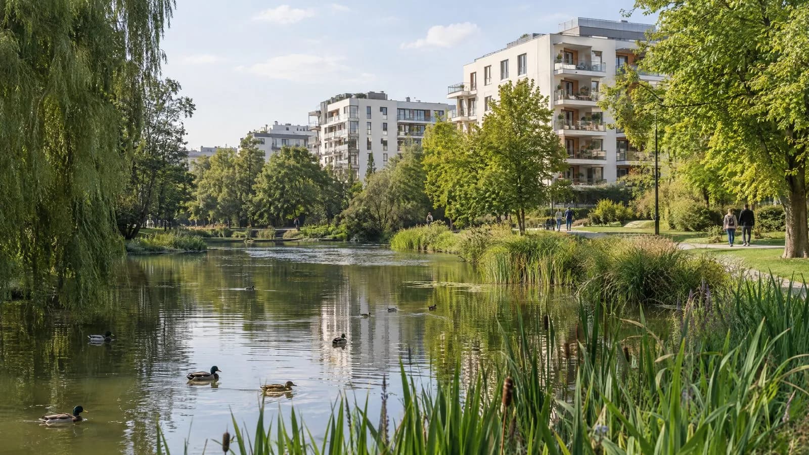 Park ze stawem i nowoczesne bloki mieszkalne na Mokotowie