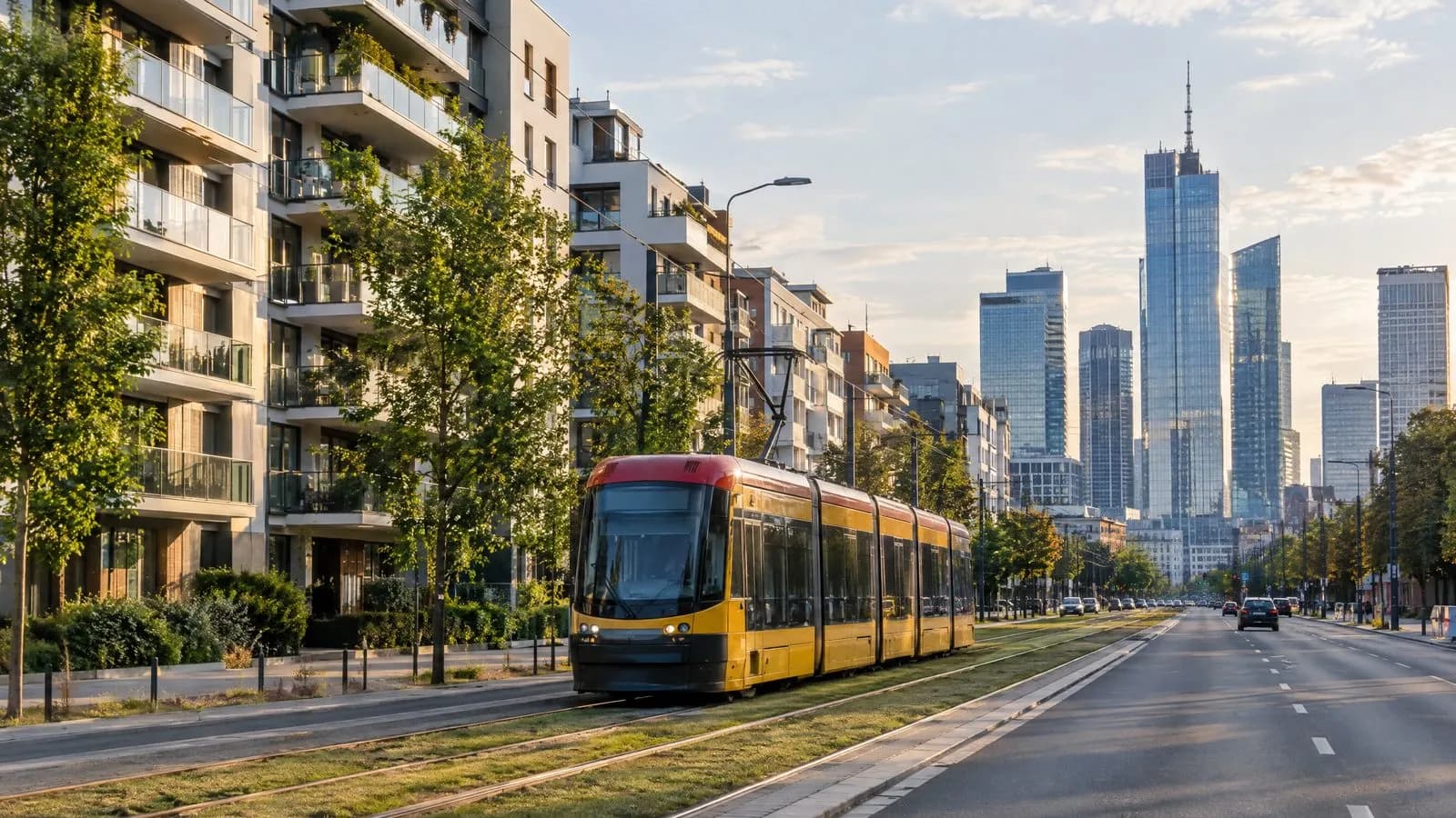 Nowe budynki mieszkalne przy szerokiej ulicy z tramwajem, w tle wieżowce Woli