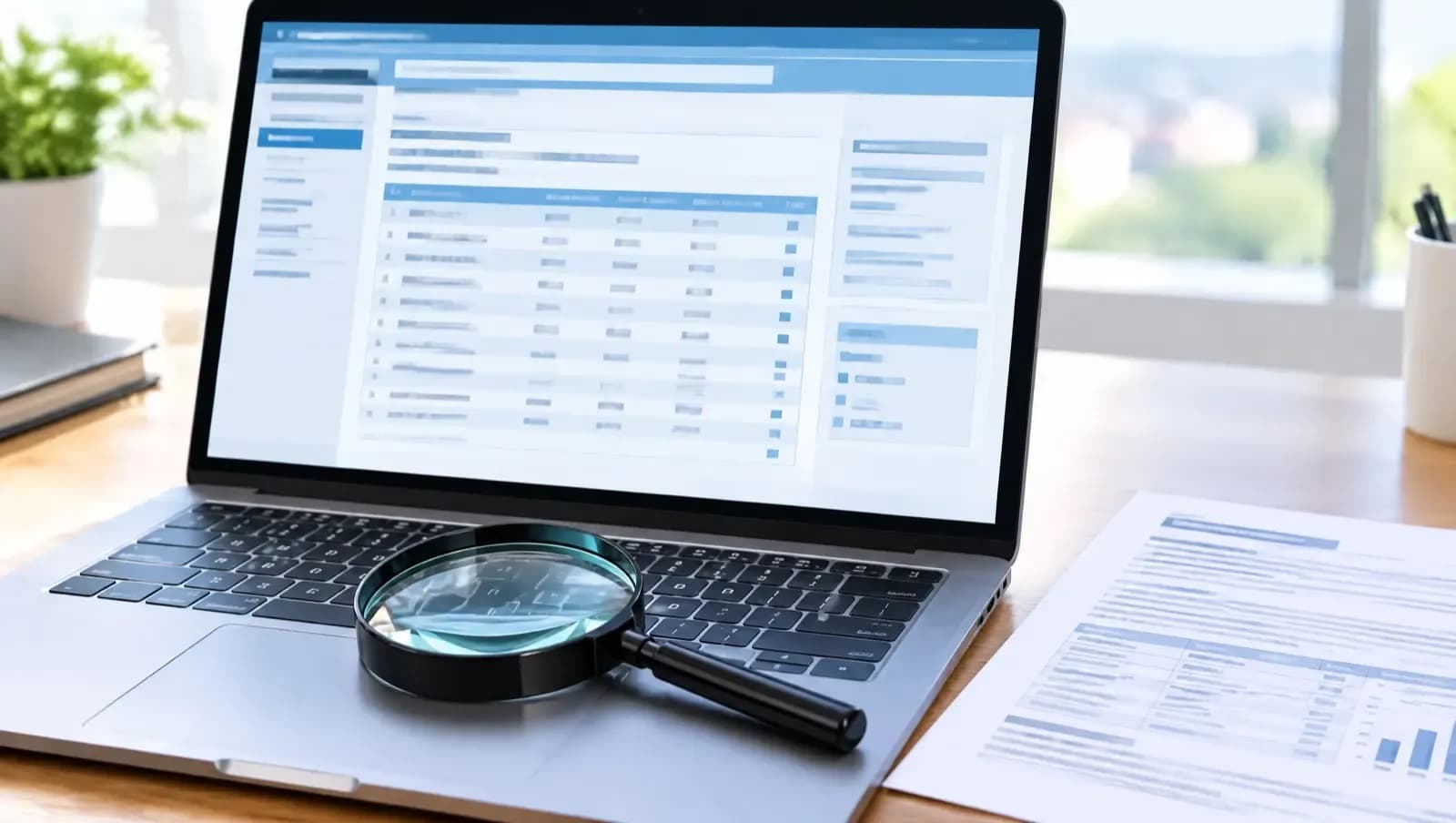 Laptop z rejestrem online i lupa na klawiaturze obok wydruku dokumentu