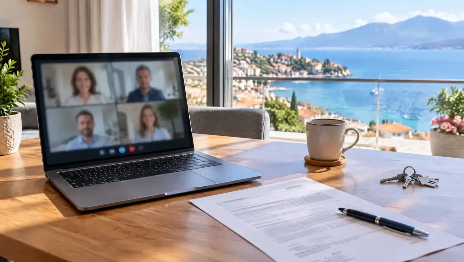 Laptop z rozmową wideo, dokument i klucze do mieszkania na stole przy oknie z widokiem na morze