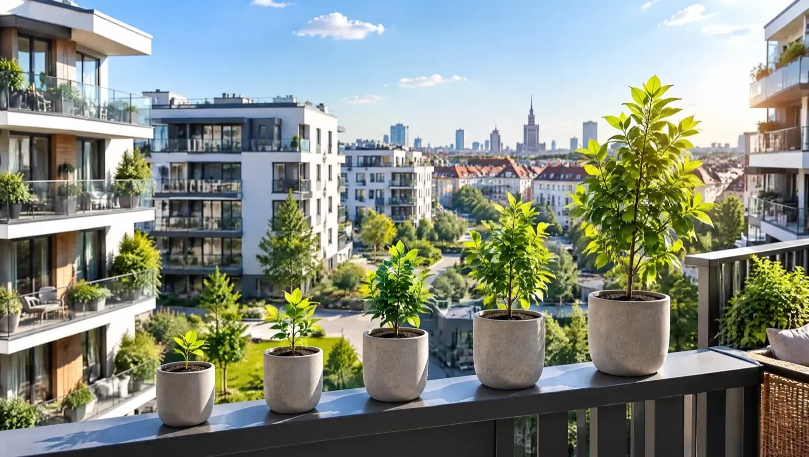 Nowe bloki mieszkalne z balkonami w słoneczny dzień, rośliny na balustradzie