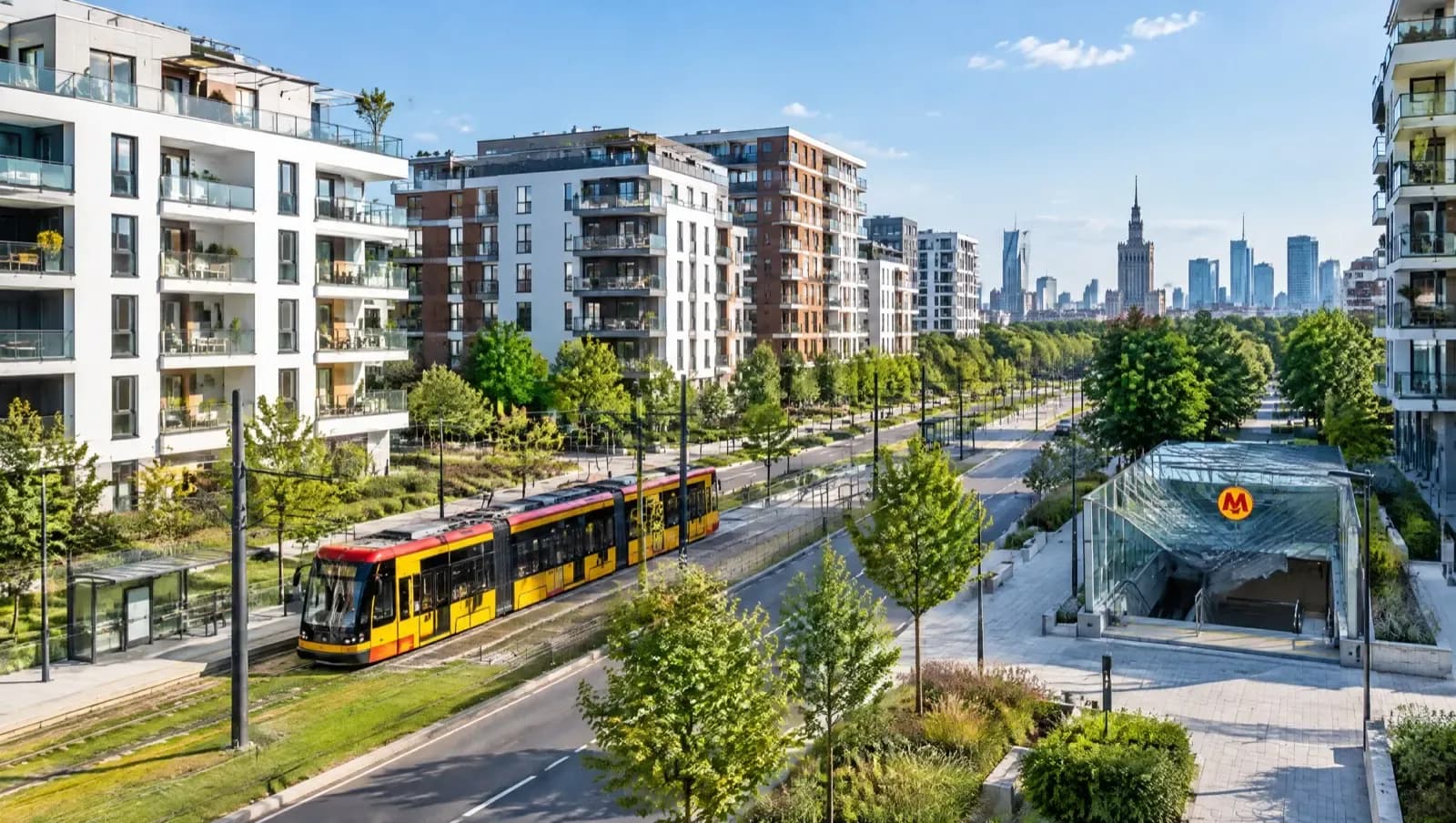 Nowe osiedle przy stacji metra z tramwajem i zielenią w popołudniowym świetle