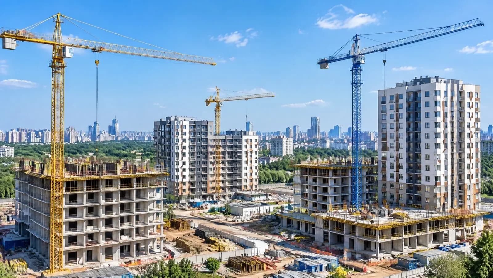 Plac budowy osiedla z kilkoma żurawiami i nowymi budynkami na różnych etapach