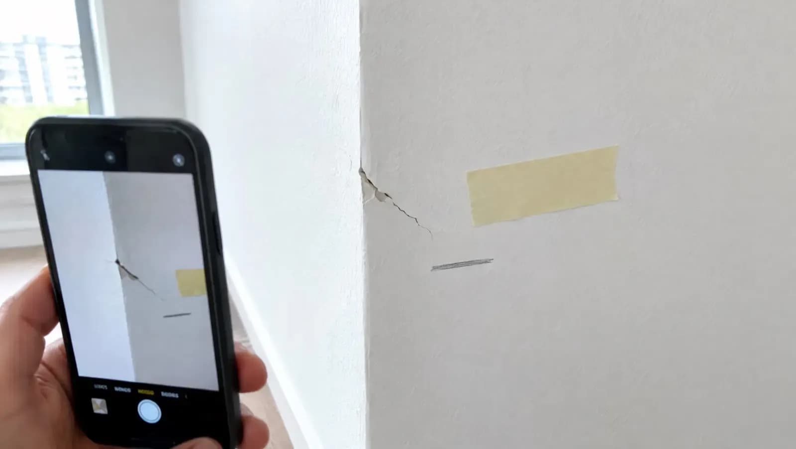 Zdjęcie rysy w narożniku świeżo pomalowanej ściany robione smartfonem