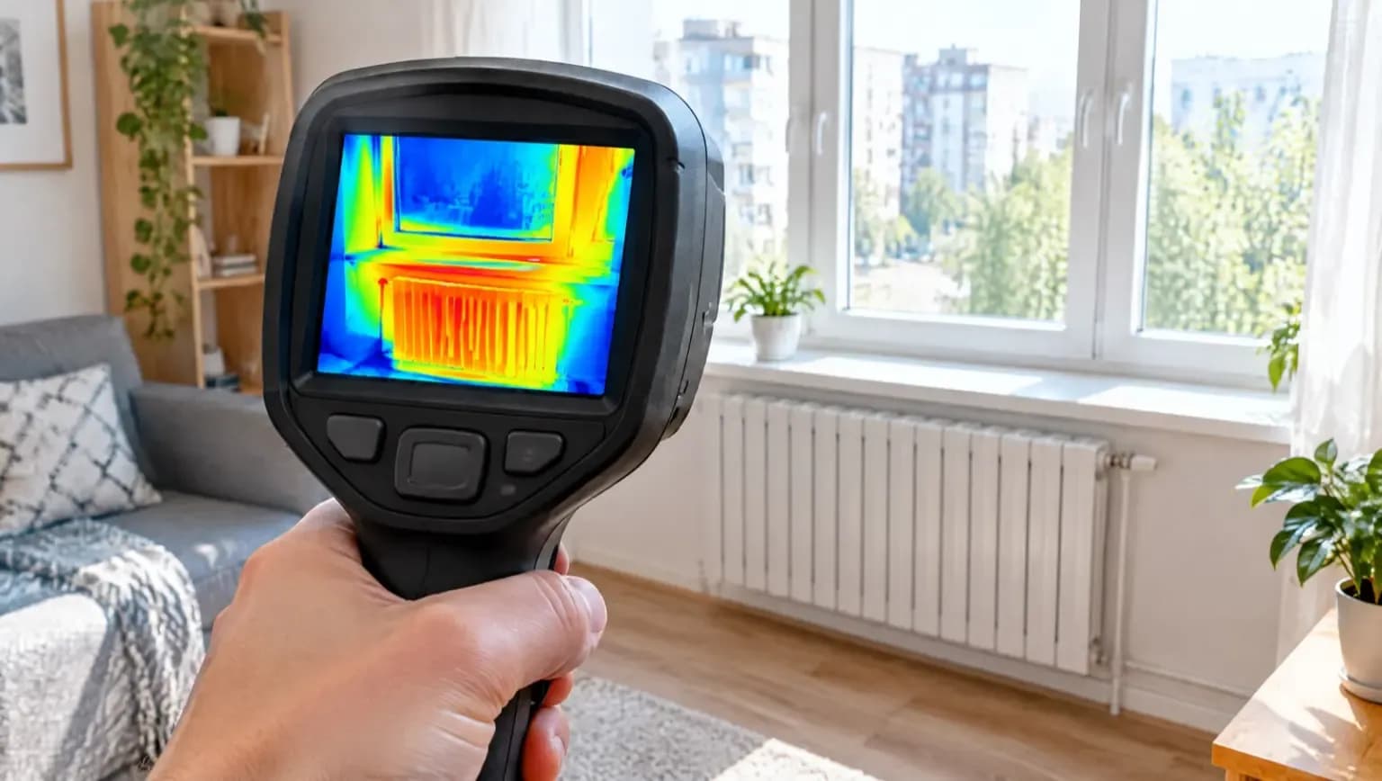 Kamera termowizyjna skierowana na okno i grzejnik w mieszkaniu