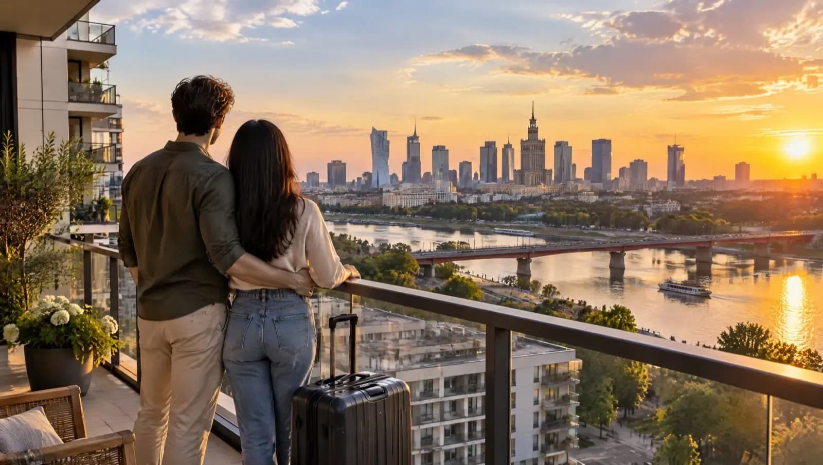 Para na balkonie nowego mieszkania patrzy na panoramę miasta z rzeką, obok walizka