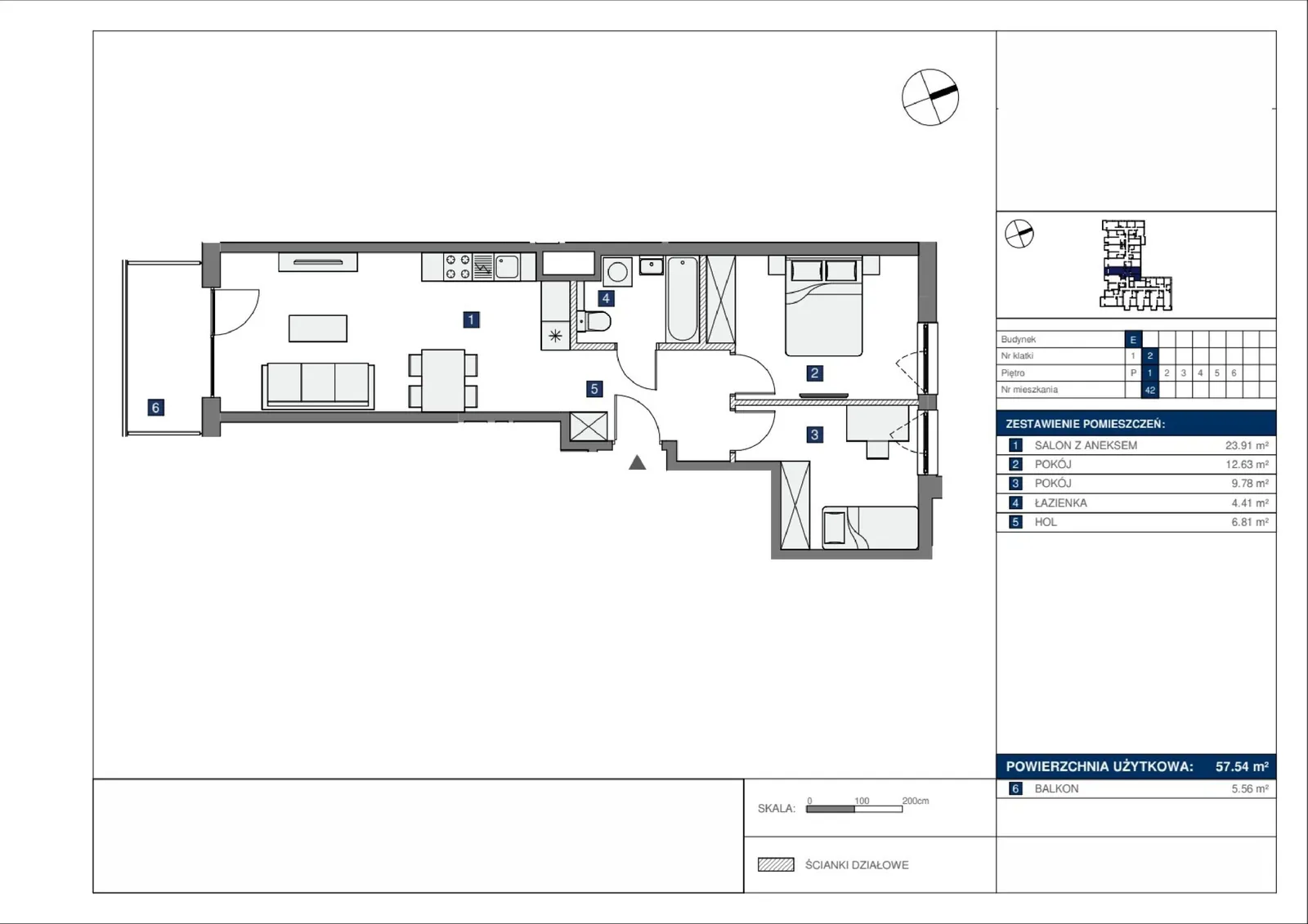 Floor plan: Lokal E 42, 3 pok.