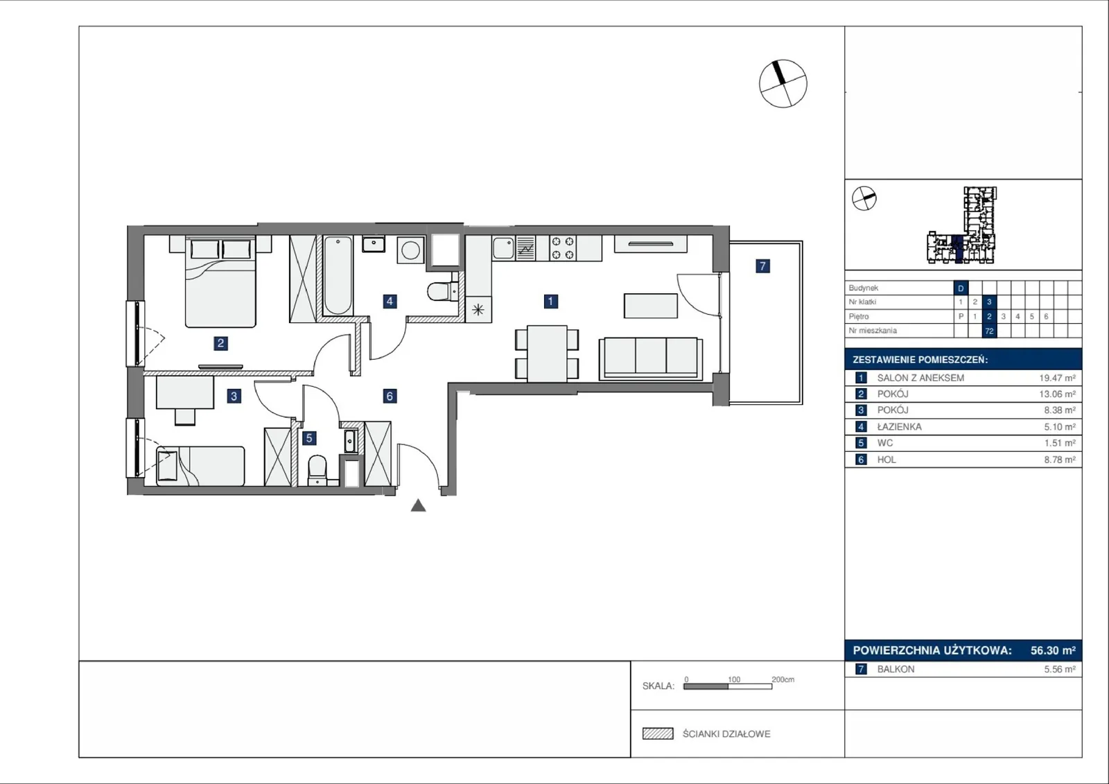 Floor plan: Lokal D 72, 3 pok.