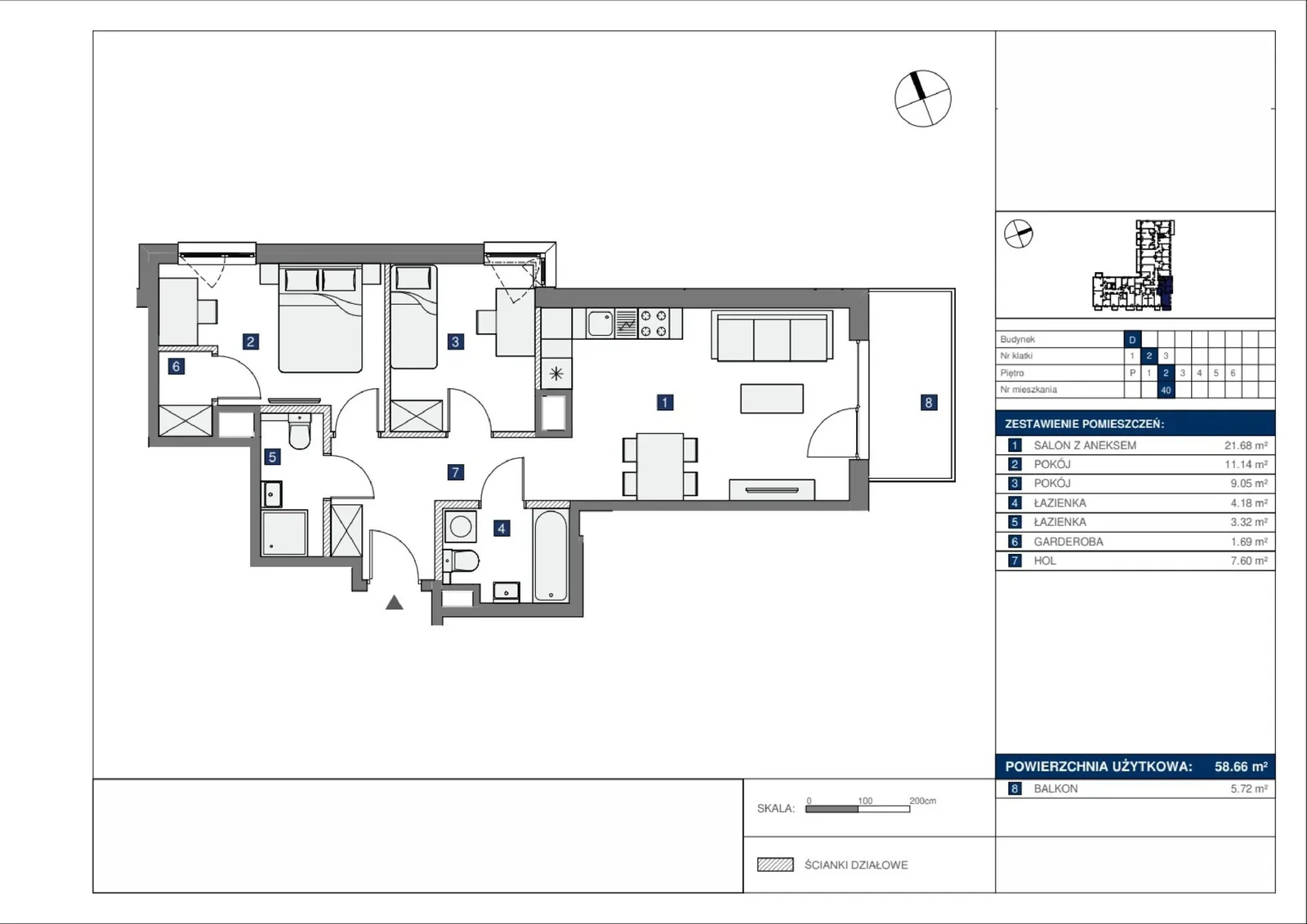Floor plan: Lokal D 40, 3 pok.