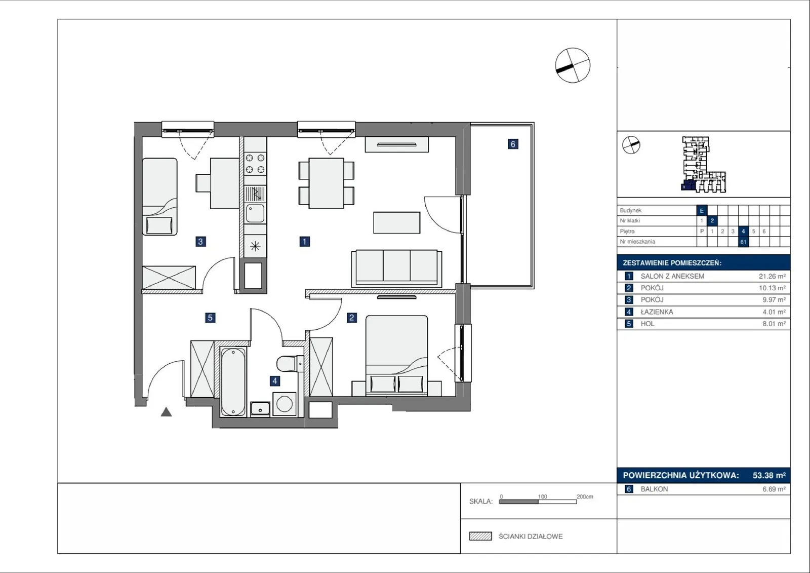 Floor plan: Lokal E 61, 3 pok.
