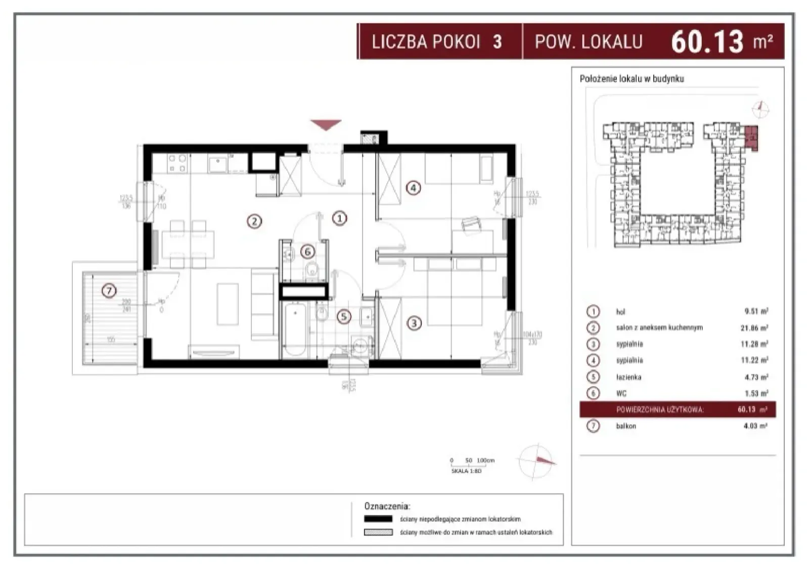 Rzut: Lokal A/3/8, 3 pok.