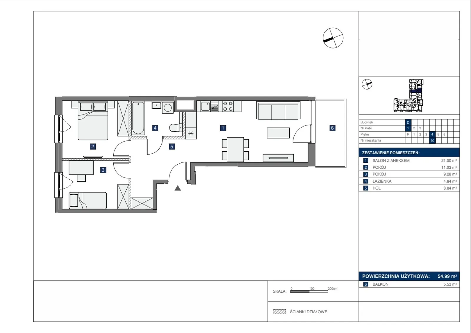 Floor plan: Lokal D 20, 3 pok.