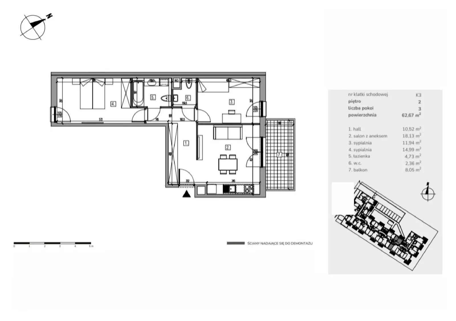 Rzut: Lokal Apartament M2/13, 3 pok.
